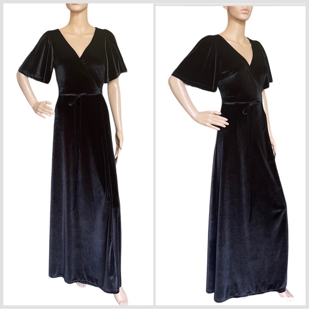 Baltic Born Black Velvet Flutter Sleeve Wrap Maxi Dress Small